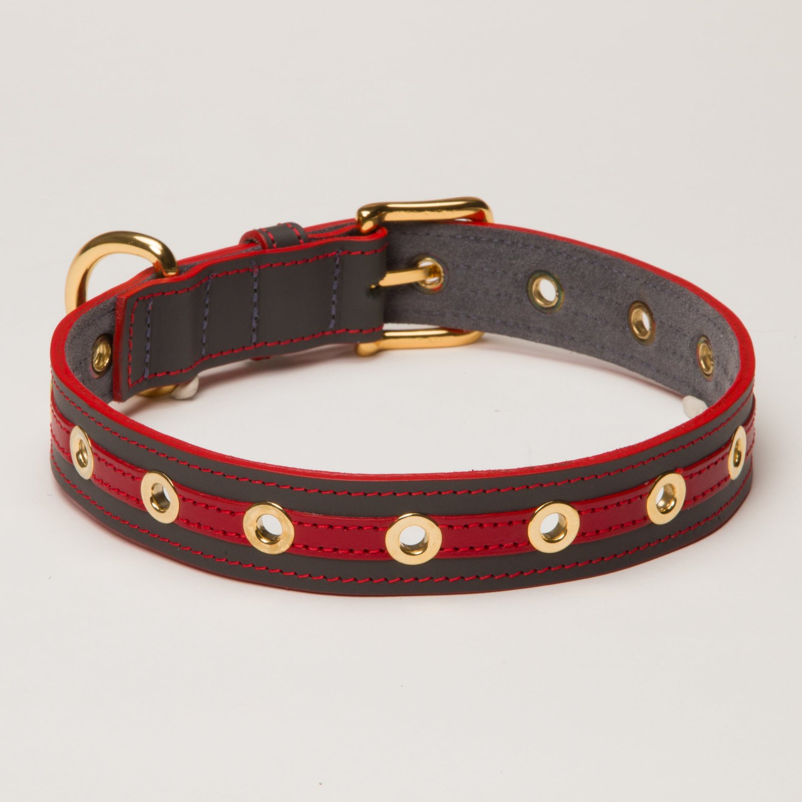 Luxury Leather Dog Collar Red on Grey With Eyelets for Medium to Large Dogs