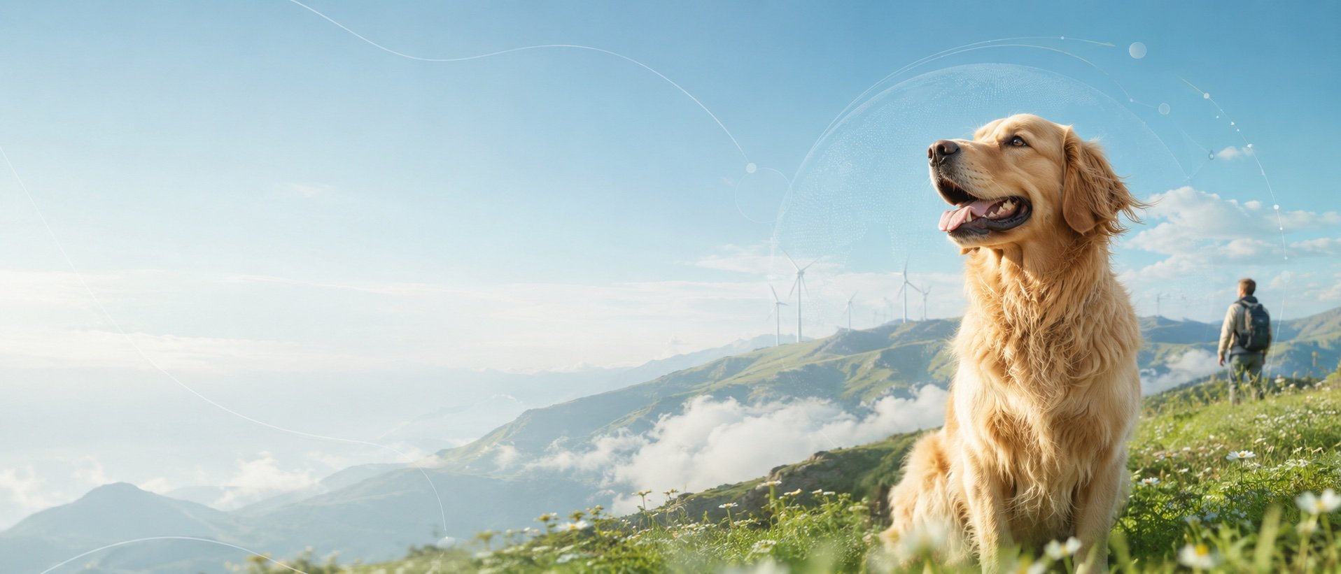 Un golden retriever feliz en un prado de montaña soleado con aerogeneradores a lo lejos — un recordatorio de que los perros sanos necesitan un planeta sano.