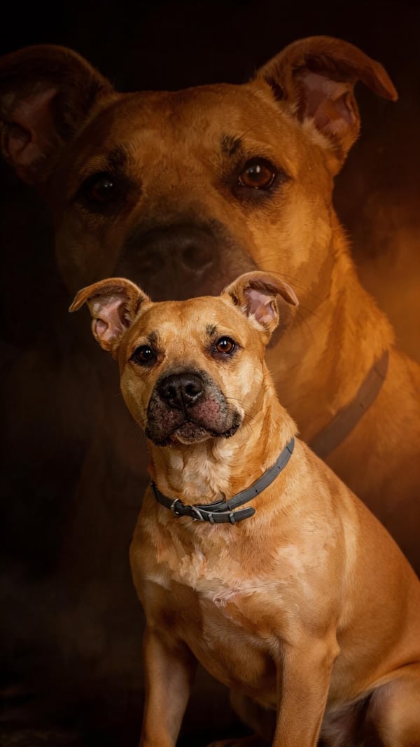 Ein hellbrauner, kurzhaariger Hund vom Pitbull-Typ mit einem Halsband, der aufrecht sitzt, mit einem künstlerischen Doppelbelichtungsporträt im Hintergrund.