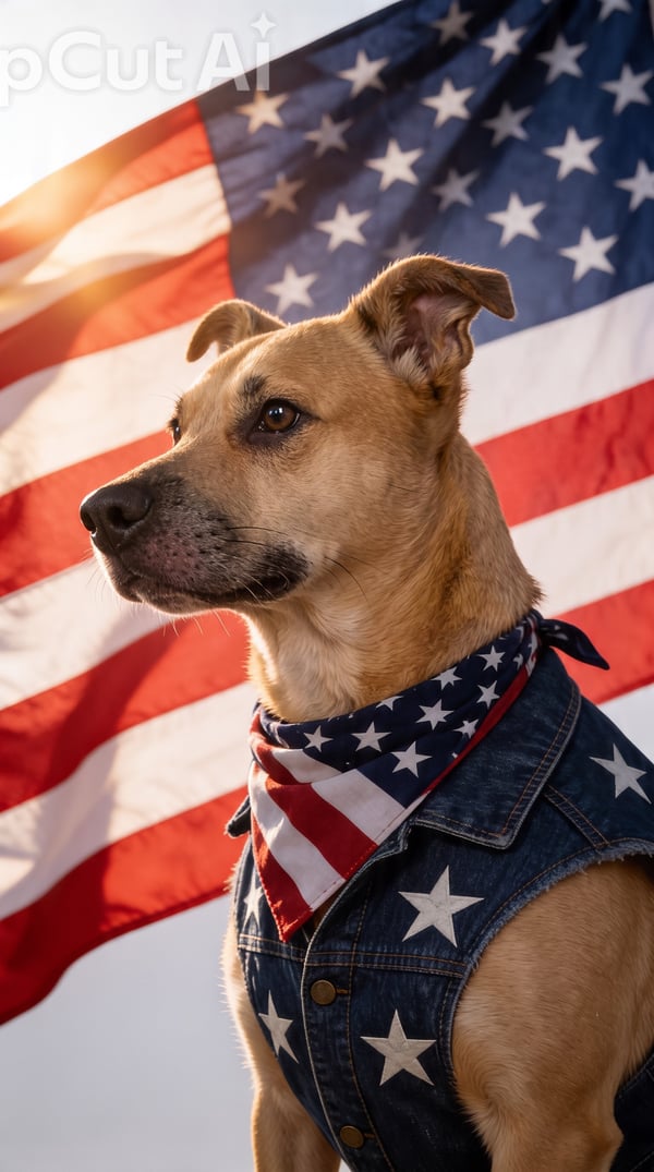 A short-haired tan dog dressed in an American flag bandana and denim vest posing proudly before a waving United States flag.
