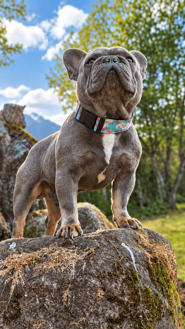 A grey French Bulldog wearing a colorful collar stands atop a large rock in the outdoors.