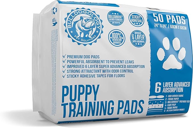 Bulldogology Dog Puppy Pads (24x24) Large Pee Pads for Dogs (50-Count, White)