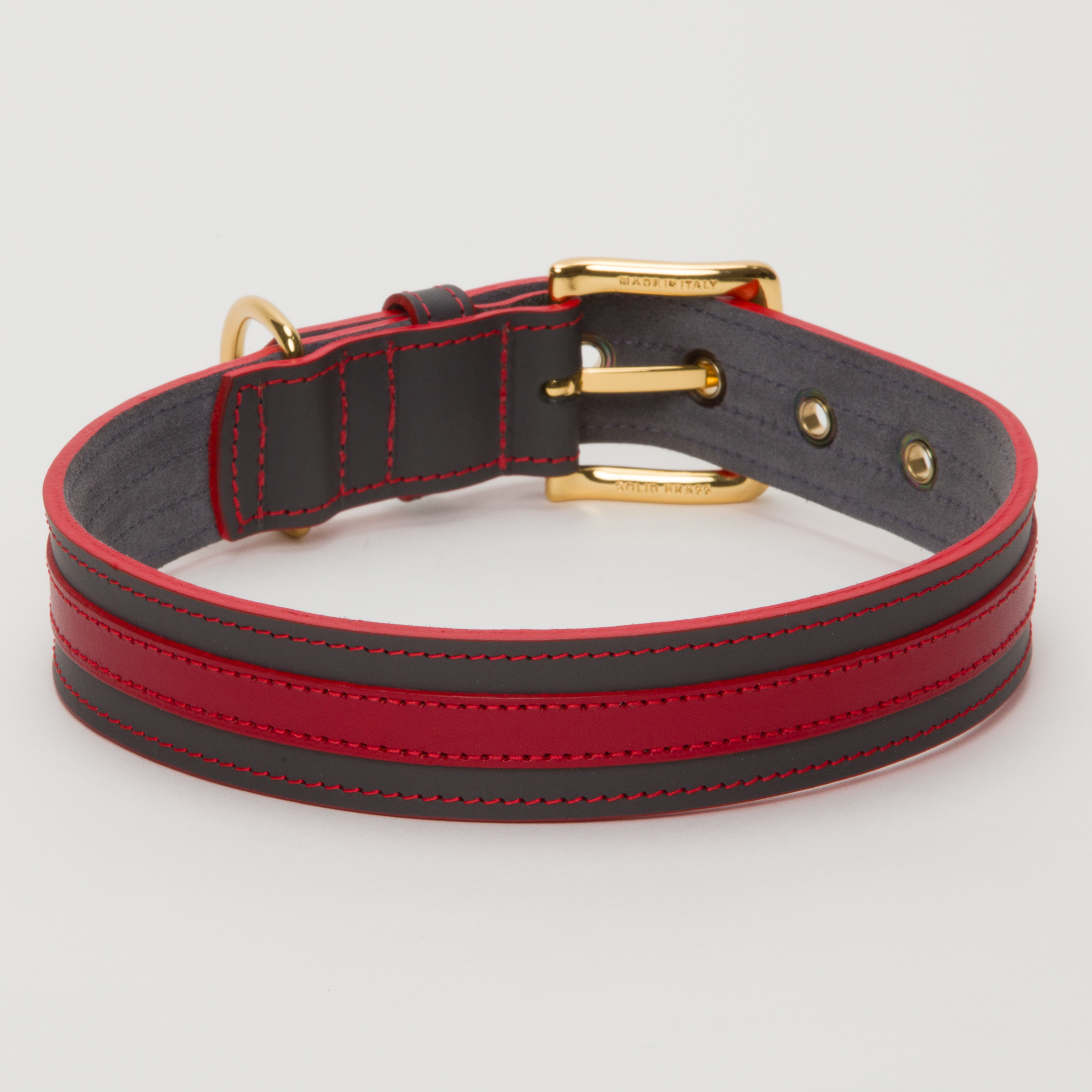 Luxury Leather Dog Collar Red on Grey For Medium to Large Dogs