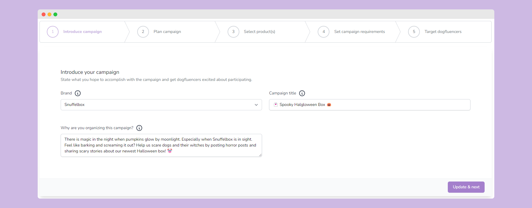 Step 1 Dog influencer campaign builder
