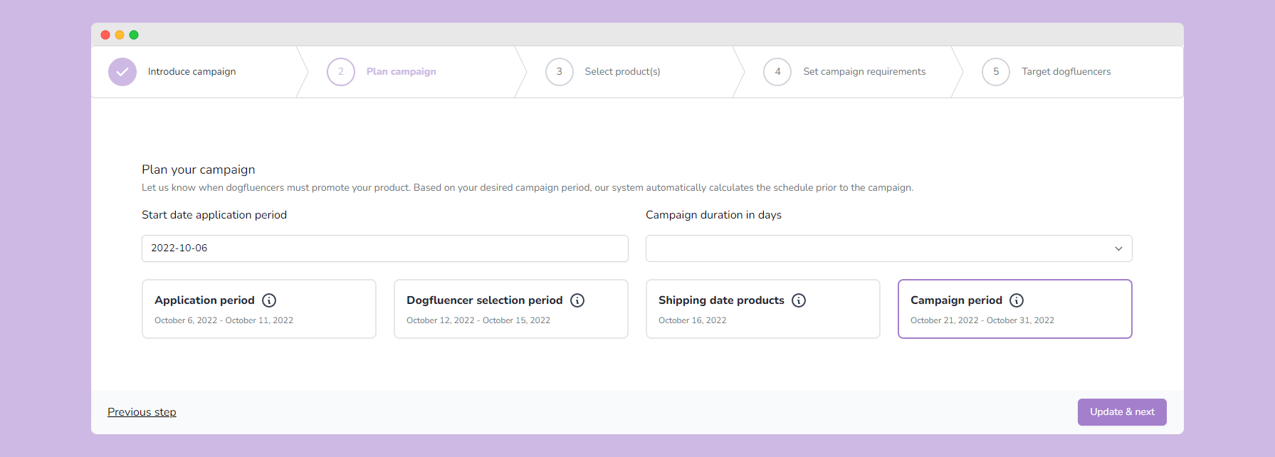 Step 2 dog influencer campaign builder