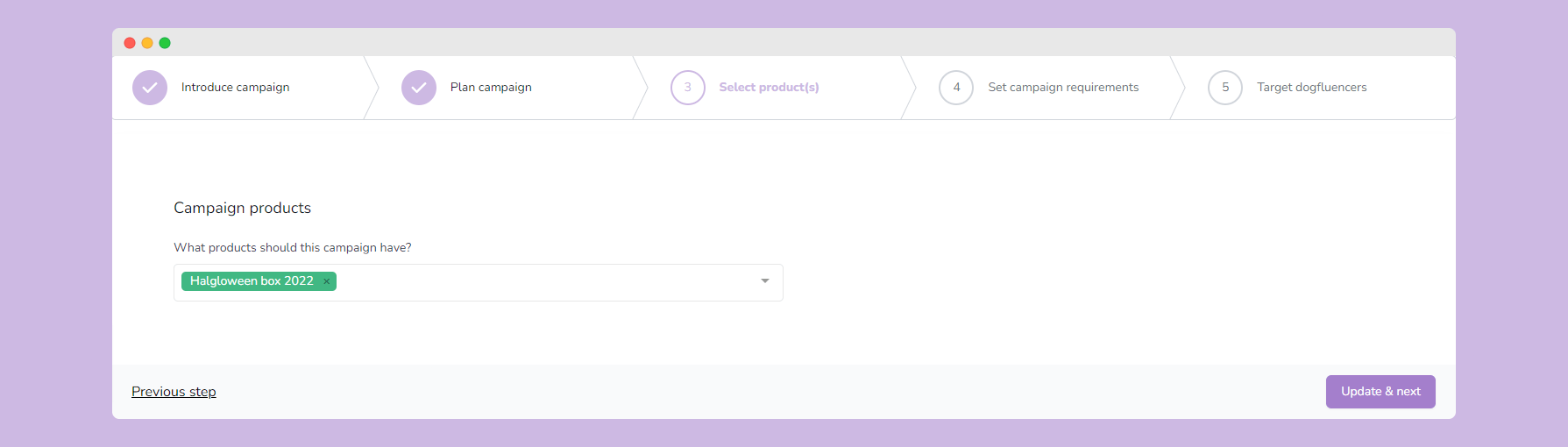 Step 3 dog influencer campaign builder