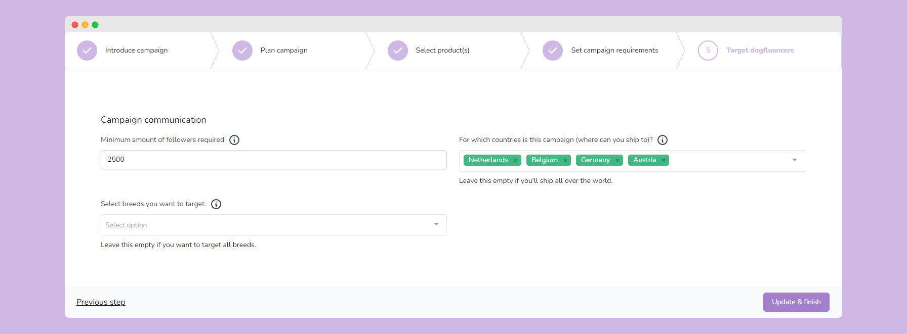 Step 5 dog influencer campaign builder